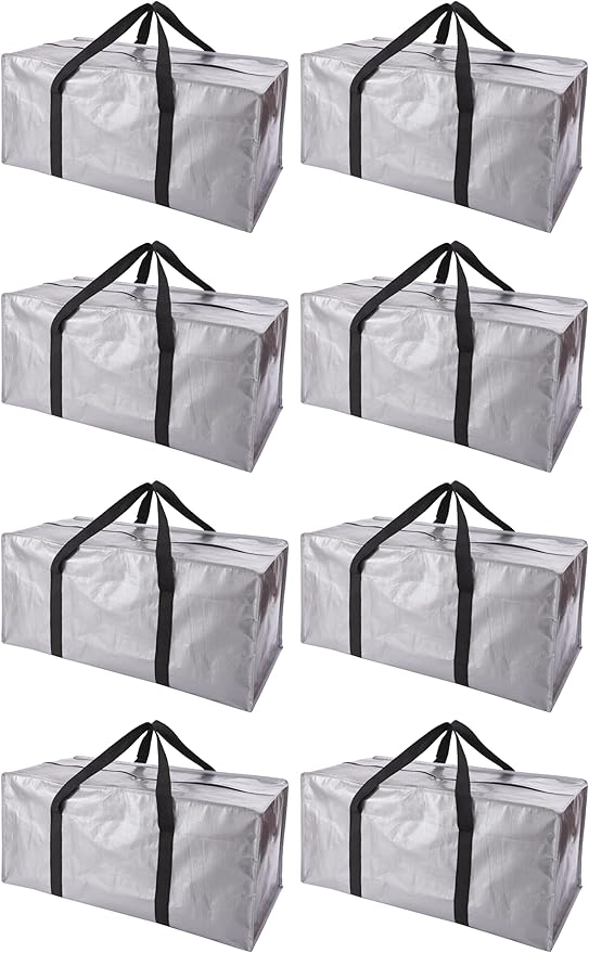 Extra Large Moving Bags with Zippers & Carrying Handles, Heavy-Duty Storage Tote for Space Saving Moving Storage, Fold Flat, Alternative to Box and Bin - 8 Pack, 40 Gal, Silver