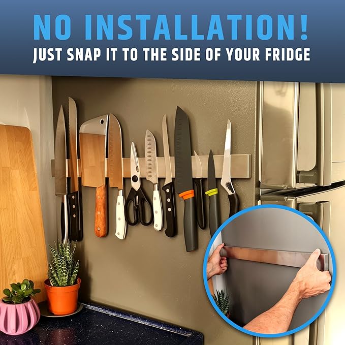 22" Premium Magnetic Knife Holder for Refrigerator (Double-Sided Heavy-Duty Magnets) - Upgraded Strip for Strong Fridge Mount - Clear Up Counter Space - 304 Anti-Rust Stainless Steel (Upgraded Design)