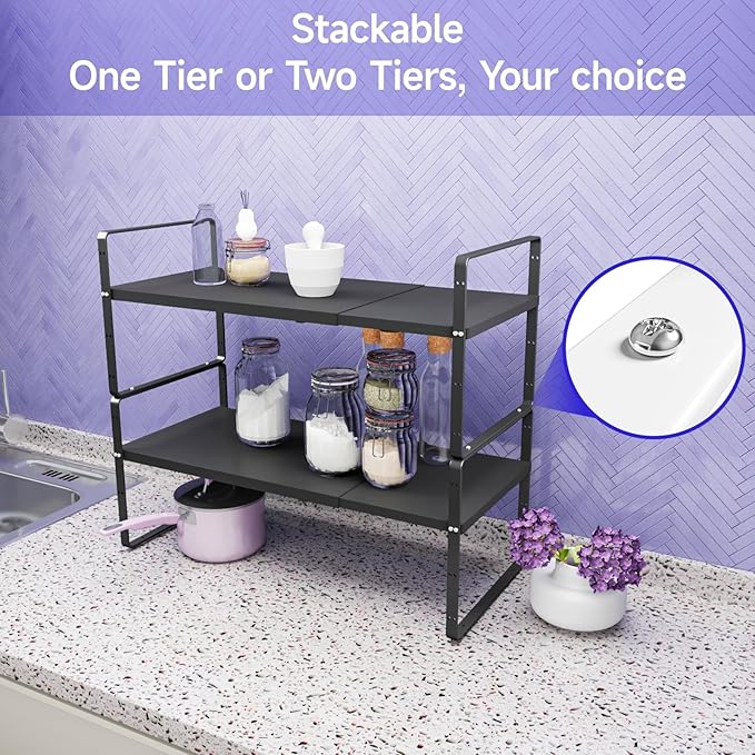 DPZM 2Pack 16.5-27’’L Expandable Cabinet Countertop Shelf Organizer, Stackable Metal Shelves, Kitchen Organizers and Storage, Black Storage Spice Rack for Pantry and Cupboard