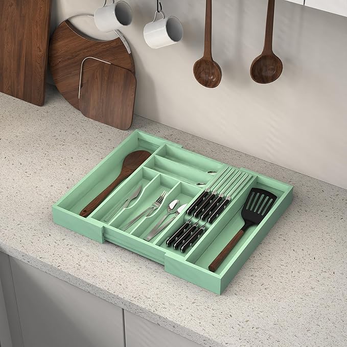 Thalomely Bamboo Kitchen Drawer Organizer, Expandable Silverware Organizer with Removable Knife Block, 6-8 Slots- Utensil Holder & Cutlery Tray Drawer Dividers, 2.36" Deep for Extra Capacity, Cyan