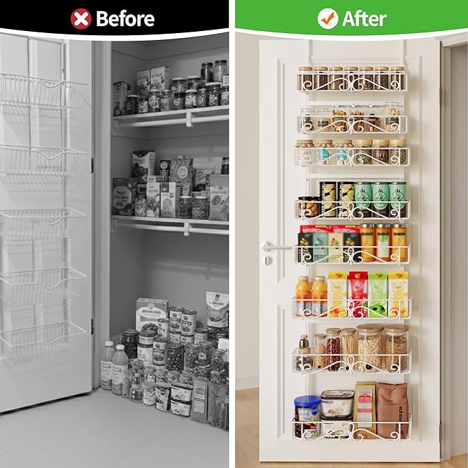 Over the Door Pantry Organizer - 8-Tier Adjustable Pantry Organization And Storage, Metal Hanging Door Spice Rack for Kitchen Pantry Organizers，White