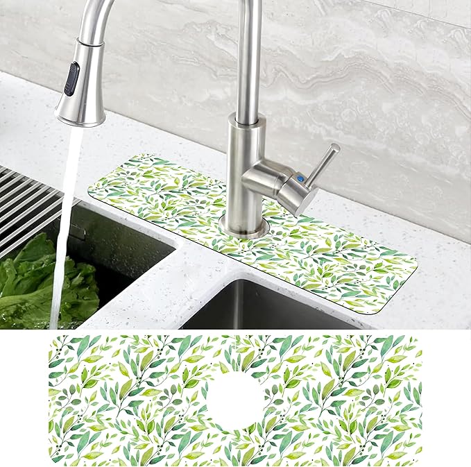Tropical Eucalyptus Leaves Kitchen Sink Splash Guard Mat Absorbent Fast Drying Mat Faucet Draining Mat Sink Splash Guard Behind Faucet Drip Catcher for Kitchen Bathroom 5.5"×15"