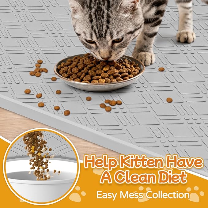Lanstics Cat Food Mat, 42" x 29" Large Silicone Mat Cat Feeding Mat with Raised Edge Non-Slip Pet Feeding Mat for Food and Water Bowl, Easy to Clean, Floor Protection (Light Gray)