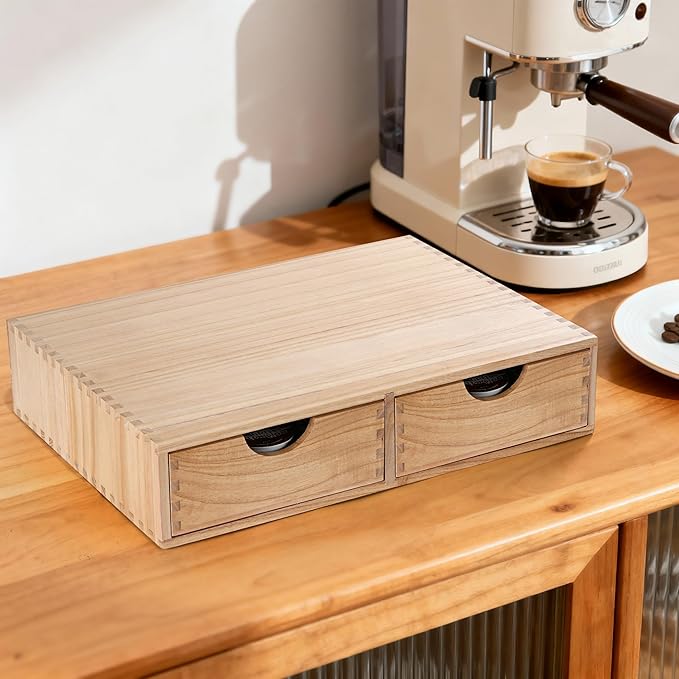 QYJinlida Wooden K Cup Organizer Coffee Pod Storage Box, Coffee Pod and Tea Bag Holder,Kcup Drawer Coffee Maker Stand,Home Kitchen Counter Holds Up to 30 Pods Capacity (2 Drawer) (Natural Wood Color)