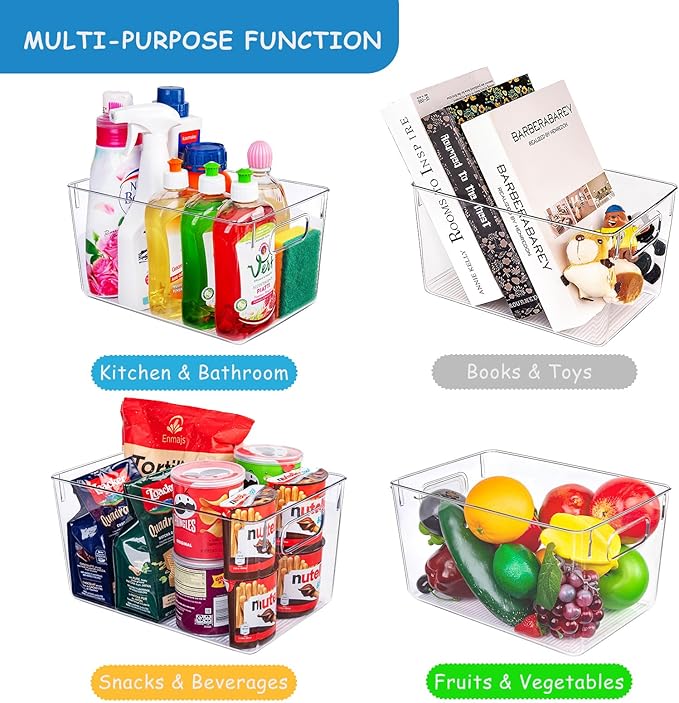 Joymeezo Clear Plastic Storage Bins-8 Pcs Pantry Organizers and Storage Containers with 4 Large (11"x8"x6") and 4 Small Snack Containers, Home Organization for Bathroom, Kitchen, Closet and Office