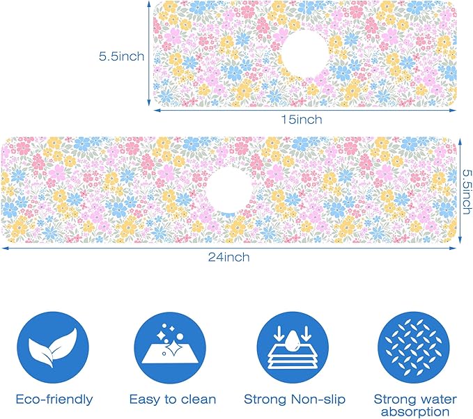 Retro Floral Cute Wildflowers Dish Drying Mat for Kitchen Sink Splash Guard Behind Faucet Sink Mat Absorbent Fast Drying Faucet Draining Mat for Bathroom Kitchen 5.5"×15"