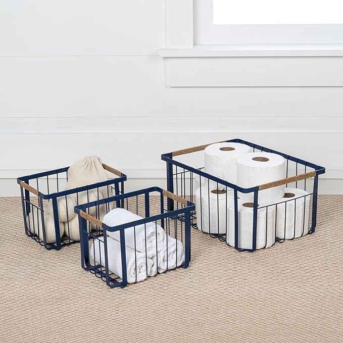 happimess BSK3003D-3SET Henley Vintage Farmhouse Wire Metal Nesting Storage Baskets with Jute Wrapped Handles for Shelves, Cabinets, Pantry, Countertop, Mesh Open Bin Basket, Navy (Set of 3)