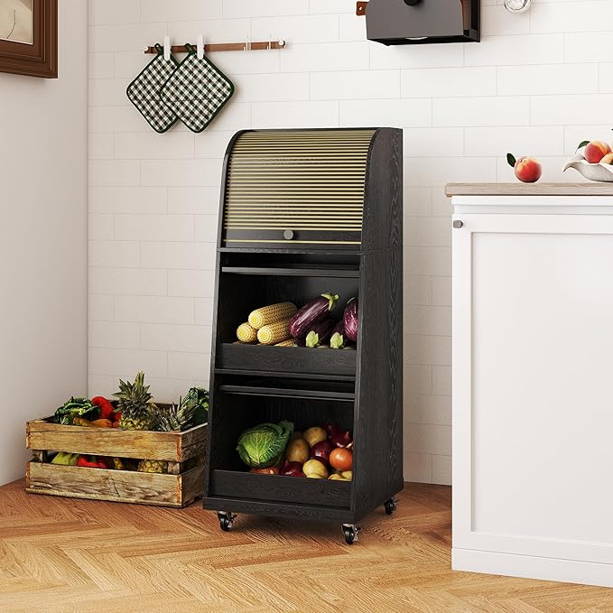 Movable Onion and Potato Storage Bin Box, Black Potato Bins with Wheels and Sliding Door, Farmhouse Fruit and Vegetable Basket Storage, Small Food Kitchen Pantry Cabinet, Wooden Bread Box, Flip-top