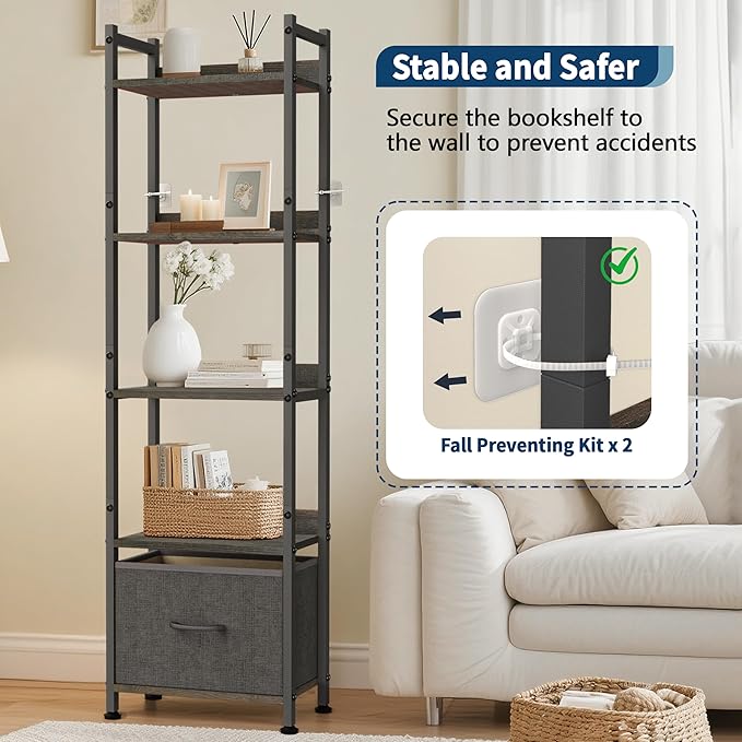 Whitmor 5-Tier Bookshelf with Drawer, Modern Display Bookcase with Wood Shelves & Metal Frame, Narrow Standing Storage Organizer for Living Room, Bedroom, Home Office, Black