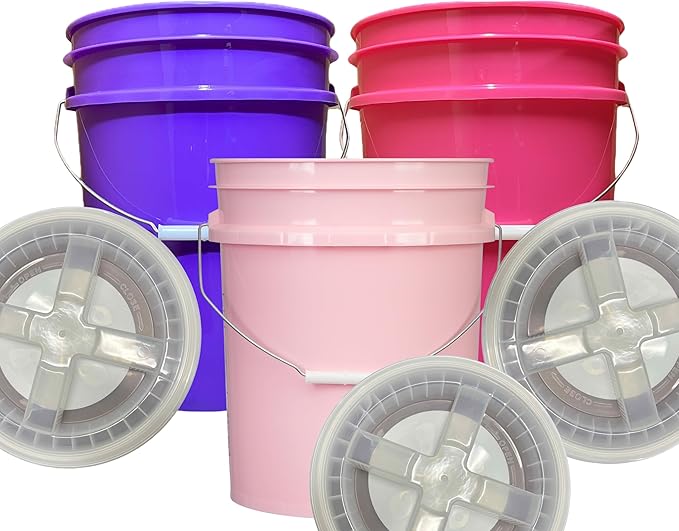 House Naturals 5 Gallon Food Grade, BPA Free, Made in USA, Plastic Bucket, 3 Colors, (Pack of 3) (5G-Pink-Magenta-Purple HN Clear lids)