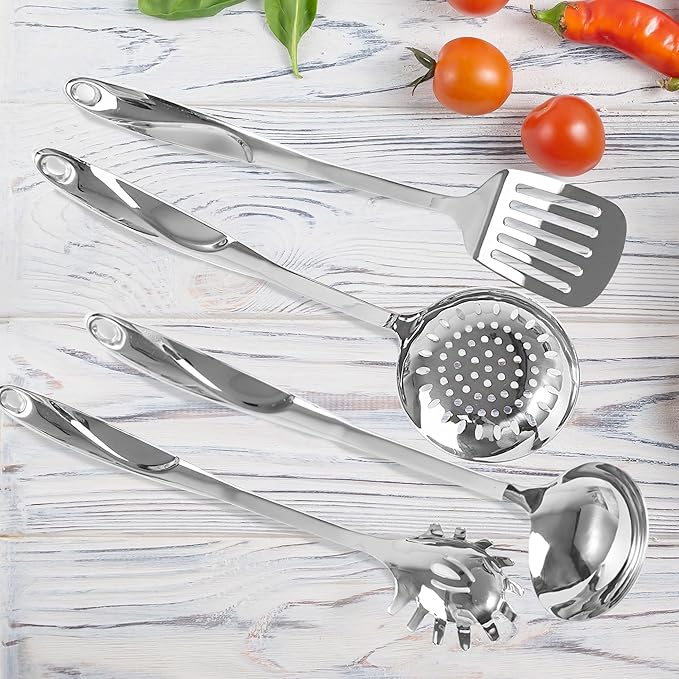 IMEEA 5-Piece Cooking Utensils Set SUS304 Stainless Steel Kitchen Utensils Set Includes Slotted Spatula, Soup Ladle, Solid Turner, Pasta Server & Skimmer