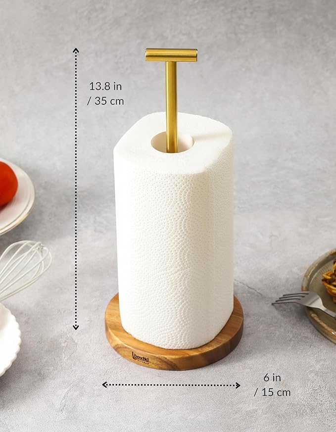 Acacia Wood Tissue Stand – Wooden Tissue Stand with Stainless Steel Gold Plated Handle, Satin Finish Countertop Organizer for Standard and Jumbo Rolls