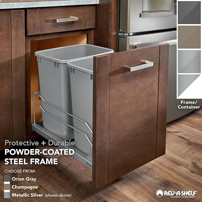 Rev-A-Shelf Double Pullout for Under Kitchen Cabinets 35 Quart 8.75 Gallon with Soft-Close Slides, Metallic Silver, 53WC-1835SCDM-217