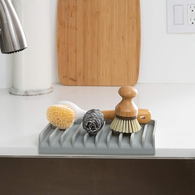 Effilogic Silicone Sponge Holder – Self-Draining Kitchen Sink Organizer, Quick Dry Mat and Counter Protector – Dishwashing Accessories for Sponges, Brushes, and Soap - Large Grey