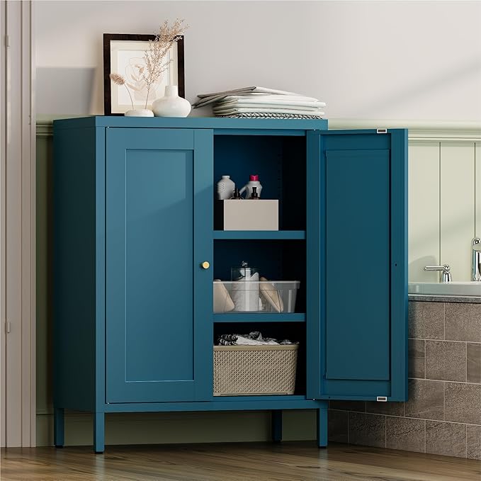 YAUWOH Metal Bathroom Storage Cabinet,Bathroom Floor Storage Cabinet with 2 Adjustable Shelves and 2 Doors,Freestanding Sideboard for Small Spaces, Living Room, Home Office, Dining Room