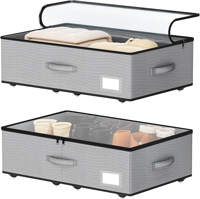 Under Bed Storage with Wheels, No Assemble Required 7.5 inches height Under Bed Storage bins,Large capacity Rolling Underbed Shoe Storage containers，dorm underbed storage drawers