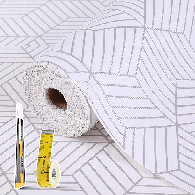 Shelf Liners for Kitchen Cabinets 17in x 20FT, Non Adhesive Cabinet Liner Strong Non-Slip Thickened Silver Geometric Easy to Clean for Shelf, Cabinet, Refrigerator with Knife and Tape Measure