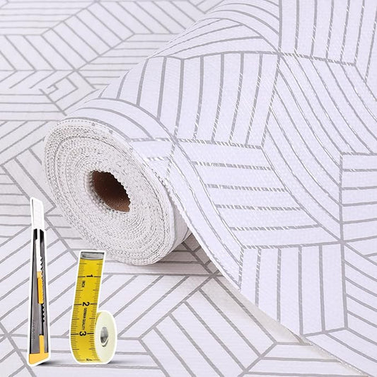 Shelf Liners for Kitchen Cabinets 17in x 20FT, Non Adhesive Cabinet Liner Strong Non-Slip Thickened Silver Geometric Easy to Clean for Shelf, Cabinet, Refrigerator with Knife and Tape Measure