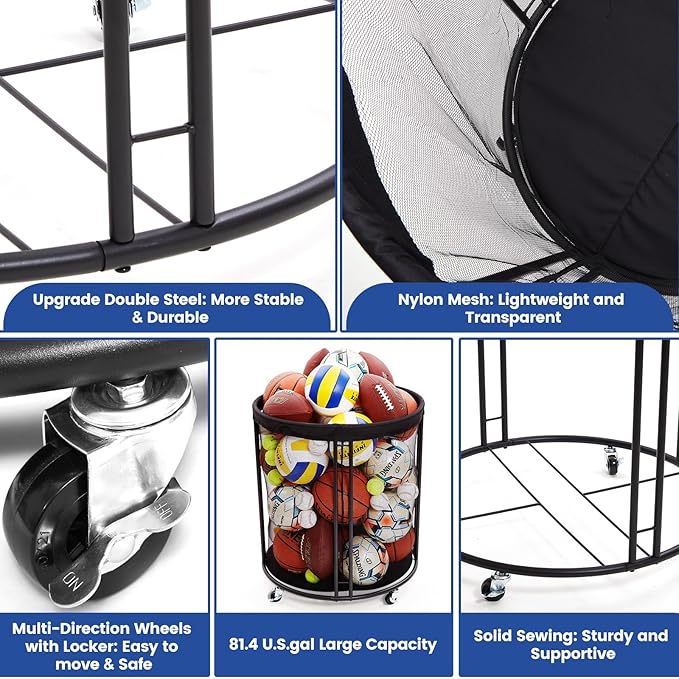 Ball Storage Bin, Sports Ball Storage Cart, Ball Holder with Wheels for Basketball, Soccer, Garage, School, Indoor, Outdoor Ball Basketball Storage Rack Upgraged