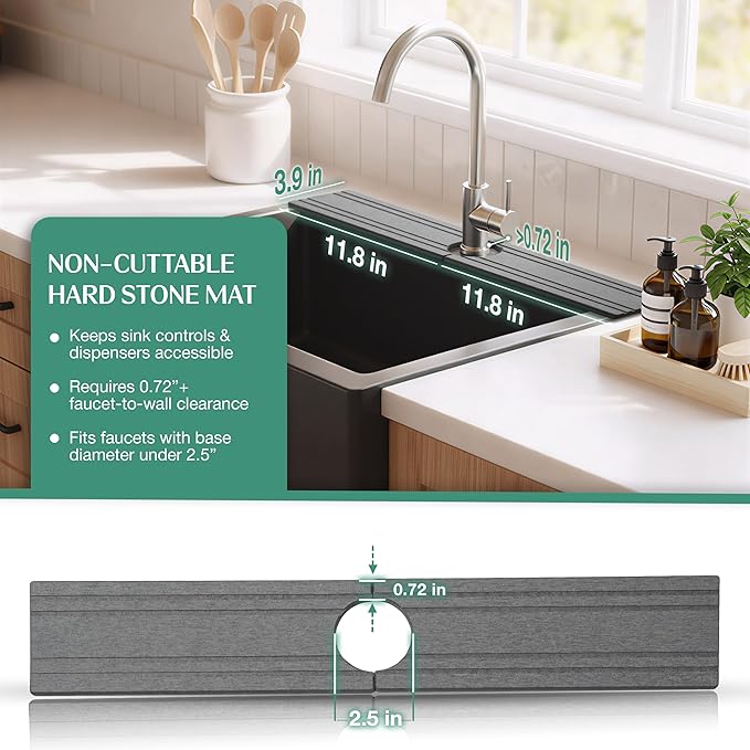 Stone Faucet Mat for Kitchen Sink Splash Guard 23.6" x 3.9" with 2.5" Center Hole | Light Grey Diatomite Drying Stone Mat | Non-Slip Stone Tray for Kitchen Counter with Premium Texture