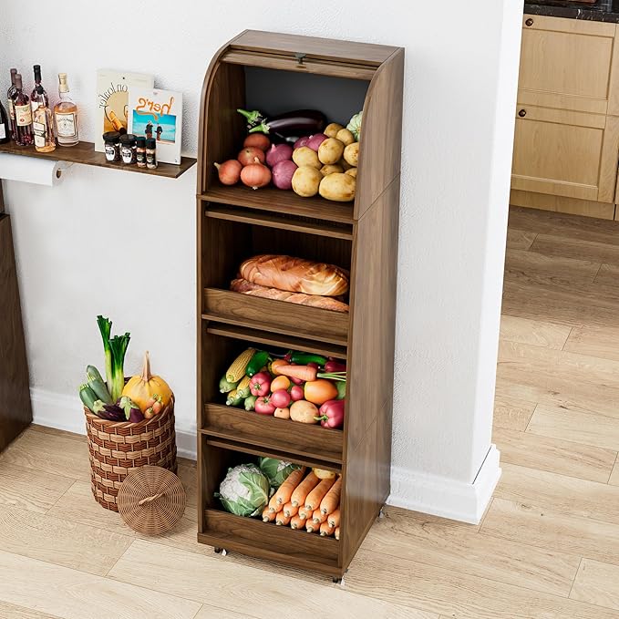 4 Tier Large Potato Storage Bin, Tall Wood Potato and Onion Storage Bin with Wheel, Movable Fruit and Vegetable Basket, Food Small Kitchen Pantry Cabinet, Wooden Bread Box, Walnut, Sliding Door