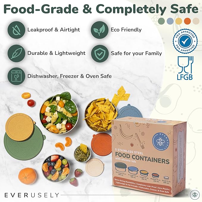 Everusely - Stainless Steel Containers with Lids - Set of 5, Muted Collection - Leakproof Stainless Steel Food Containers - Nesting Snack Holders - Metal Lunch Box - Portable & Reusable Meal Kit