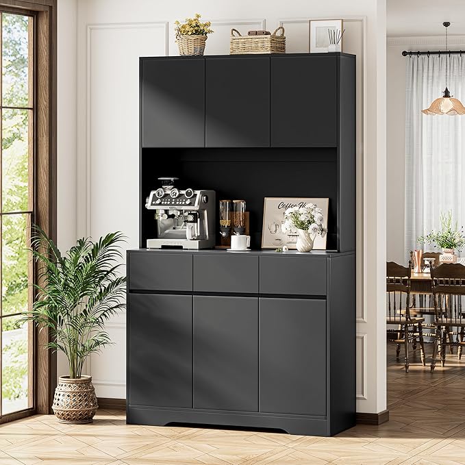 NBYSGO 71" Pantry Cabinet with Charging Station and LED Lights, Tall Kitchen Pantry Storage Cabinet with Microwave Stand, Modern Hutch with Storage Drawers for Dining Room, Living Room, Black
