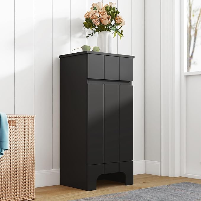 VANIRROR Small Bathroom Cabinet with Adjustable Shelves, Drawer, Anti-Tip Design, 14.96" L x 11.81" W x 32.09" H, Durable MDF for Bathroom, Kitchen, Laundry Storage, Soft-Close Door