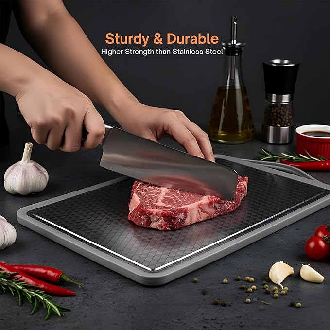 Zoane Creations Premium Double Sided 304 Stainless Steel Cutting Board | Non Toxic, Heavy Duty Stainless Steel Chopping Board with Juice Groove | Dishwasher Safe Kitchen Board - Rubik Grooved Diamond