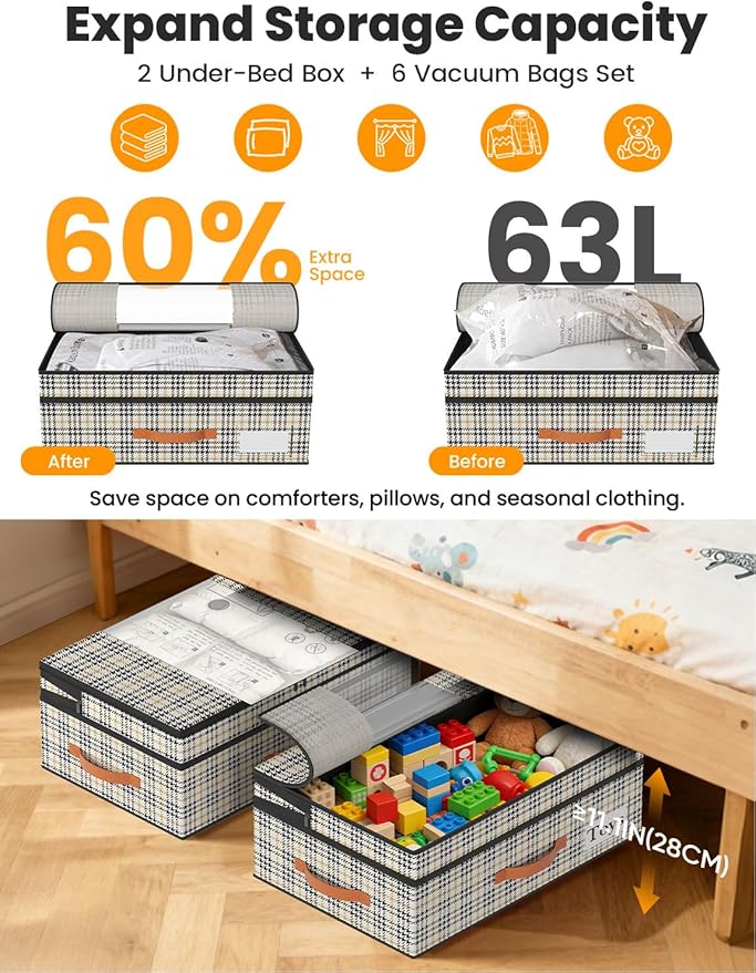 TOSKING Under Bed Storage with Wheels 2 Pack, Adjustable Height 7.9"-10.2", 6 Vacuum Bags, 900D Oxford Rolling Underbed Bins, Heavy Duty Drawer Organizer, Organizer for Clothes, Shoes, Houndstooth