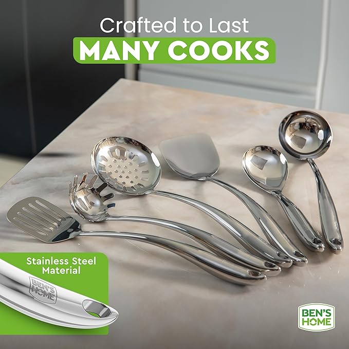 BEN'SHOME® Stainless Steel Utensil Tools Set with Holder Stand - Spatula, Spaghetti Server, Draining spoon, Serving spoon, Ladle, and Skimmer Spoon | Dishwasher Safe, Mirror Polished