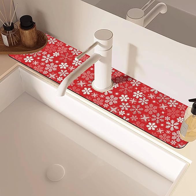 Christmas Snowflake Kitchen Sink Splash Guard Mat Absorbent Fast Drying Mat Faucet Draining Mat Sink Splash Guard Behind Faucet Drip Catcher for Kitchen Bathroom 5.5"×24"
