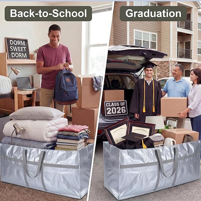Windyun 4 Pack 57 Gallon Extra Large Moving Bags XXL Heavy Duty Storage Bag with Strong Zipper Handle Jumbo Big Tote Box Foldable for College Dorm Travel Clothes Duffle Blanket Pillow(Silver)