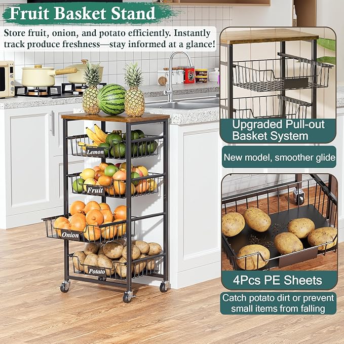 Fruit Basket, 5-Tier Utility Kitchen Organizer and Storage Cart with Pull-Out Baskets and Wood Top, Rolling Pantry Kitchen Cart on Wheels for Fruit Potato Onion Vegetable Snack Produce