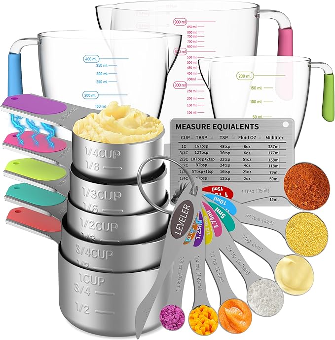 Minteem Magnetic Measuring Cups and Spoons Set, 5 Stainless Steel Measuring Cups, 7 Magnetic Measuring Spoons & 1 Leveler, 3 Plastic Measuring Cup with 1 Measuring Conversion Chart