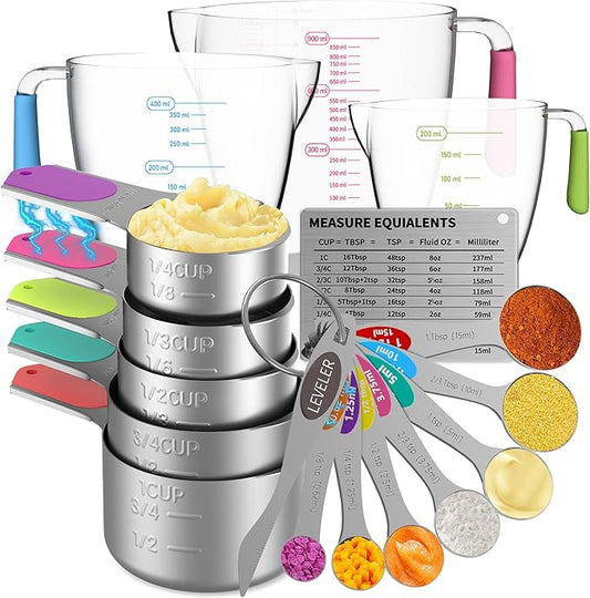 Minteem Magnetic Measuring Cups and Spoons Set, 5 Stainless Steel Measuring Cups, 7 Magnetic Measuring Spoons & 1 Leveler, 3 Plastic Measuring Cup with 1 Measuring Conversion Chart