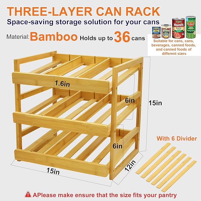 MinBoo Bamboo Can Organizer for Pantry - Stackable Can Rack for 36 Cans, Canned Food Storage, Pantry Shelf, Kitchen Cabinet or Countertop,Large