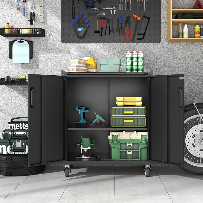 BIZOEIRON Metal Storage Cabinet with Wheels, Lockable Garage Storage Cabinet with Doors and Shelves, Rolling Tool Cabinet, Assembly Required, Black
