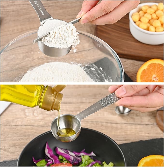 Hotsyang 18/8 Stainless Steel Measuring Cups and Spoons set 14 for Baking & Kitchen, 5 Metric & US Measuring Cups and 6 Measuring Spoons,1 Leveler and 2 Rings for Dry & Liquid