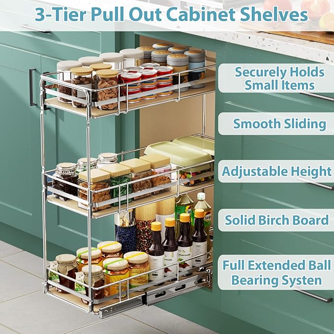 MODCART Pull Out Spice Rack Cabinet Organizer 9" W x 20½" D, 3 Tier Heavy Duty Slide Out Wood Shelf for Narrow Cabinet, Pull Out Storage for Kitchen