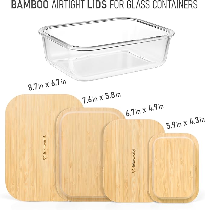 dokaworld Natural Bamboo Lids Set for Food Storage Glass Containers (4pcs) - Lids are compatible with all Glass Food Storage Containers Sets