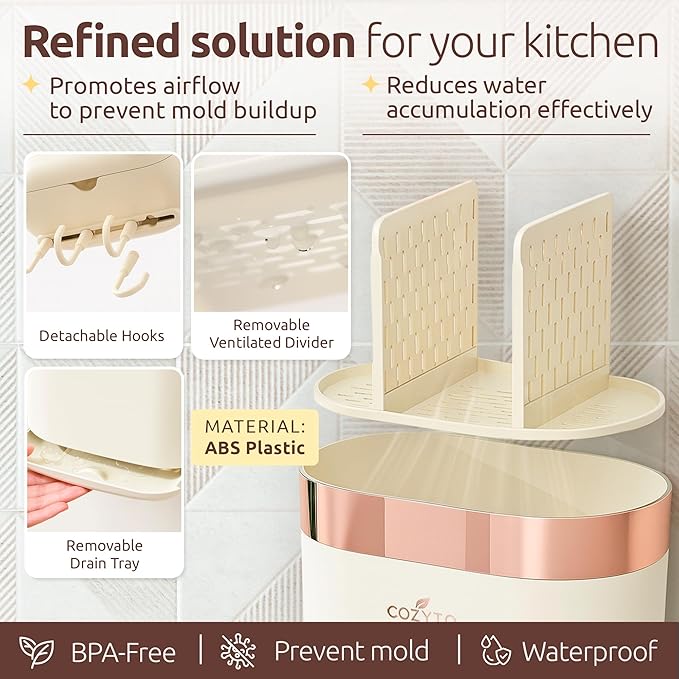 COZYTO LuxTray U1-Pro – Wall Mounted Kitchen Organizer with Hooks, Dividers & Drain Tray, No-Drill Adhesive, BPA-Free – Cream White with Rose Gold or Silver Accent (Cream White & Rose Gold)