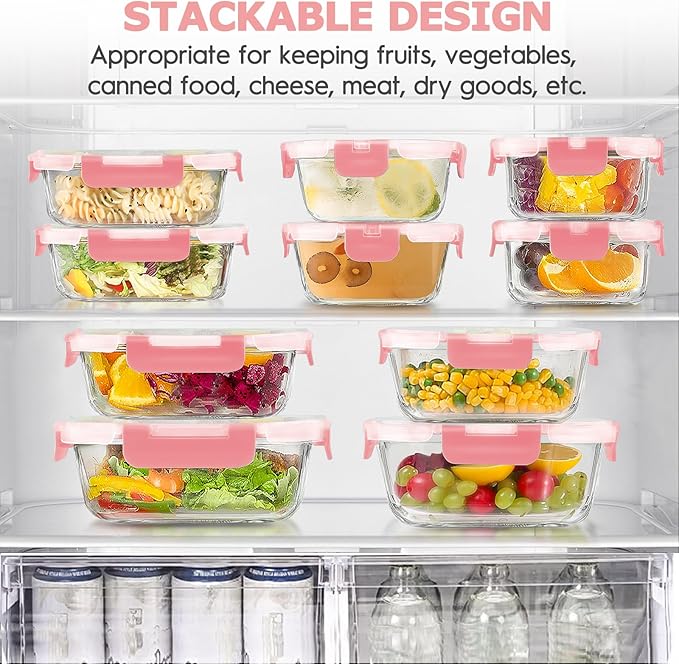 34pcs Glass Food Storage Containers with Lids Set, Airtight Glass Meal Prep Containers (17 Containers & 17 Lids), Leak Proof Lunch Container BPA-Free, Microwave, Oven, Freezer, Dishwasher Safe-PINK
