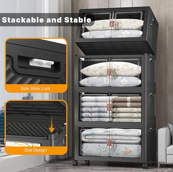 Extra Large Stackable Storage Bins with Lids & Wheels & Door,Foldable Collapsible Closet Organizers, Plastic containers drawers for bedroom Dorm (Dark-160qt, 4Pack with 1 top lid)