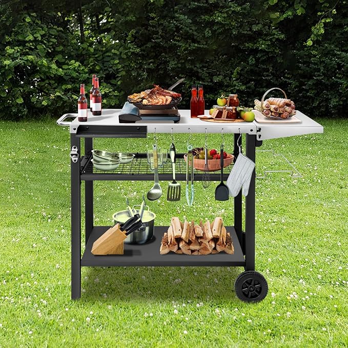 EDOSTORY Outdoor Grill Cart Pizza Oven Stand, Three-Shelf Stainless Steel Food Prep Table Patio BBQ Grill Table Bar Cart Kitchen Island with Wheels