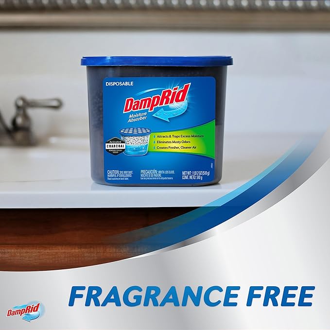 DampRid Fragrance Free Disposable Moisture Absorber with Activated Charcoal, 18 oz (Pack of 3) Moisture Absorber & Odor Remover, Lasts Up To 60 Days, No Electricity Required