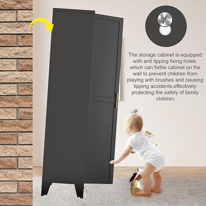 erosoei 75.2”H Metal Kitchen Pantry Storage Cabinet, Storage Cabinets with Adjustable Feet and Shelves,Food Pantries Cupboard for Kitchen, Living Room, Laundry Room and Dinning Room（Black）