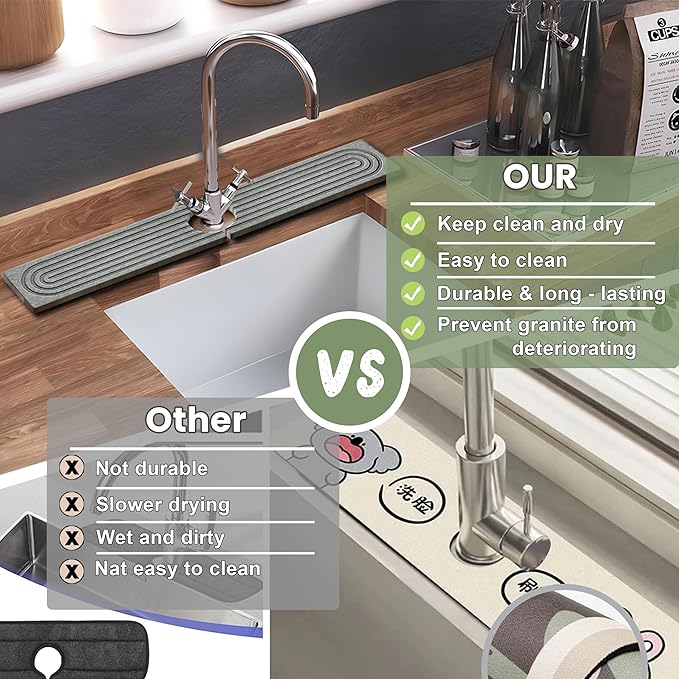 Faucet Mat for Kitchen Sink,23.6" Diatomite Stone Drying Mat,Quick Drying Splash Guard,Super Absorbent.Kitchen ,Bathroom Sink Splash Guard, Durable Countertop Protection (Light grey)