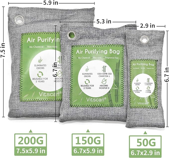 12 Pack Bamboo Air Purifying Bag, Activated Charcoal Bags Odor Absorber, Moisture Absorber, Natural Car Air Freshener, Shoe Deodorizer, Odor Eliminators For Home, Pet, Closet (6x50g, 6x150g)