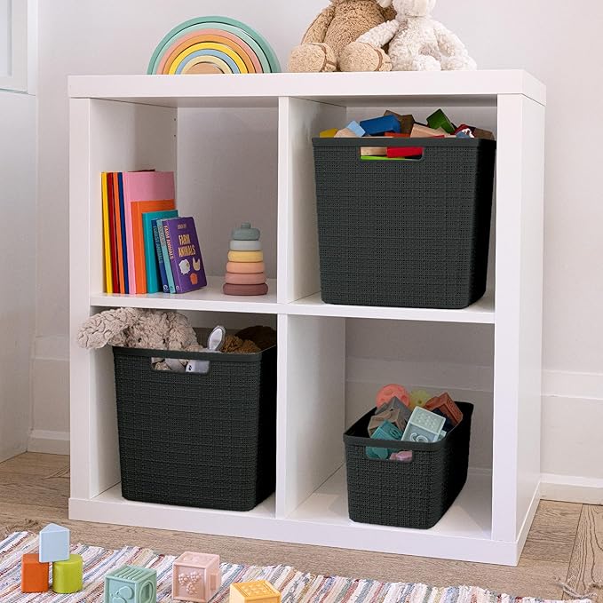Curver Set of 8 Slim 6.8L Jute Decorative Plastic Organization and Storage Baskets - Perfect Bins for Home Office, Closet Shelves, Kitchen Pantry and All Bedroom Essentials, Black